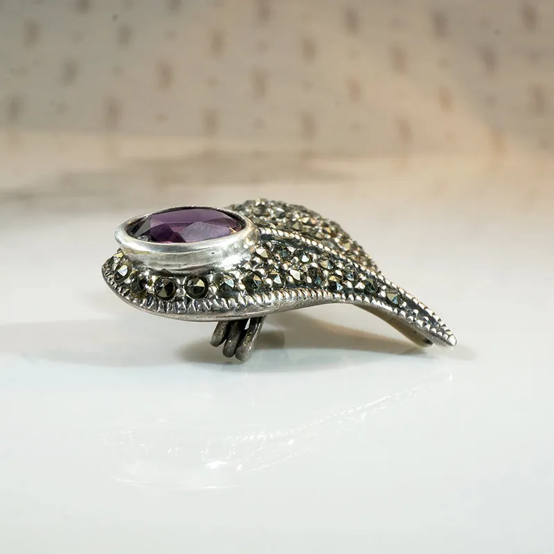 Vivacious Sterling Heart Brooch with Marcasite & Amethyst