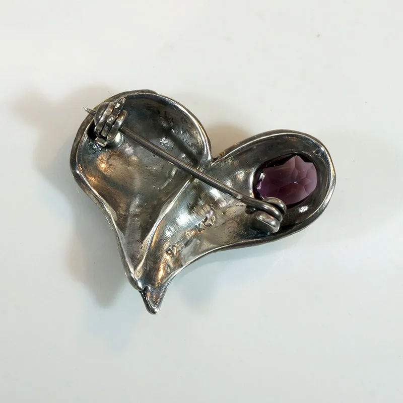 Vivacious Sterling Heart Brooch with Marcasite & Amethyst