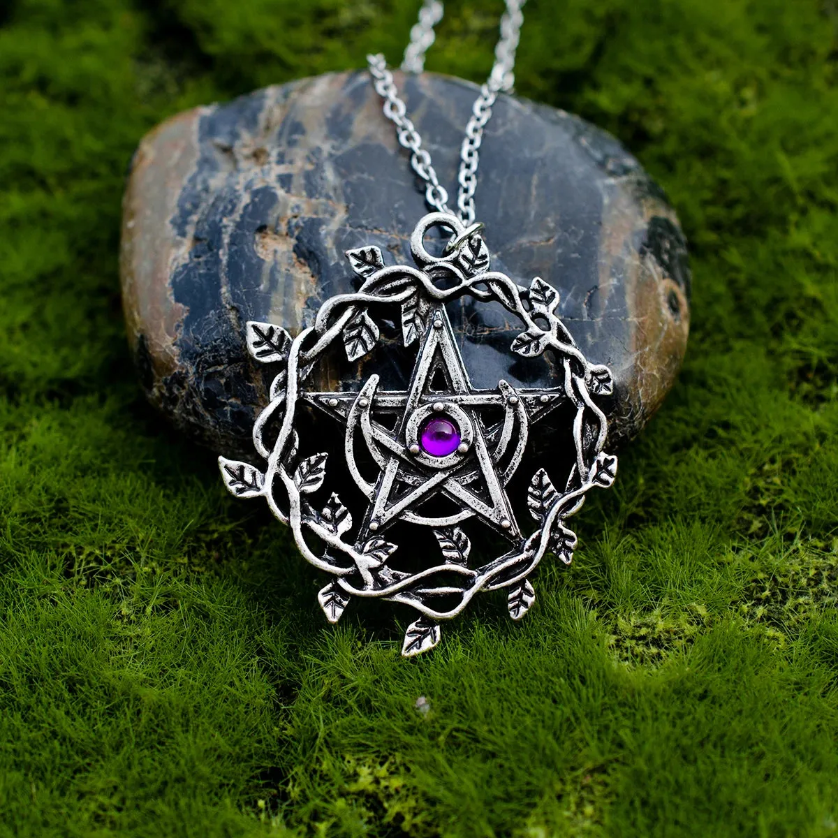 Witch Forest Branch Pentagram Crystal Necklace - Pagan Wicca Occult Jewelry