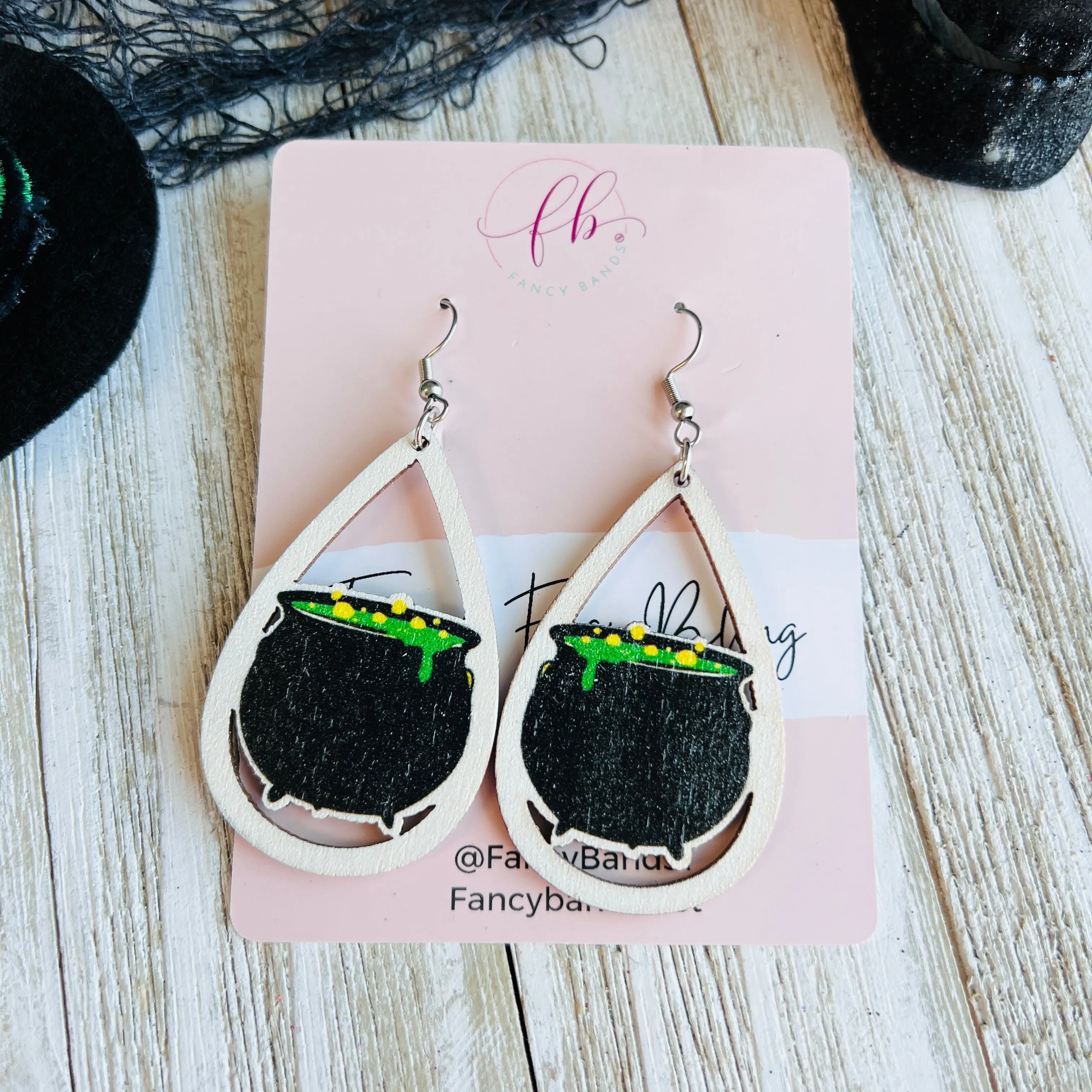 Witches Brew Cauldron Wooden Drop Ear Bling