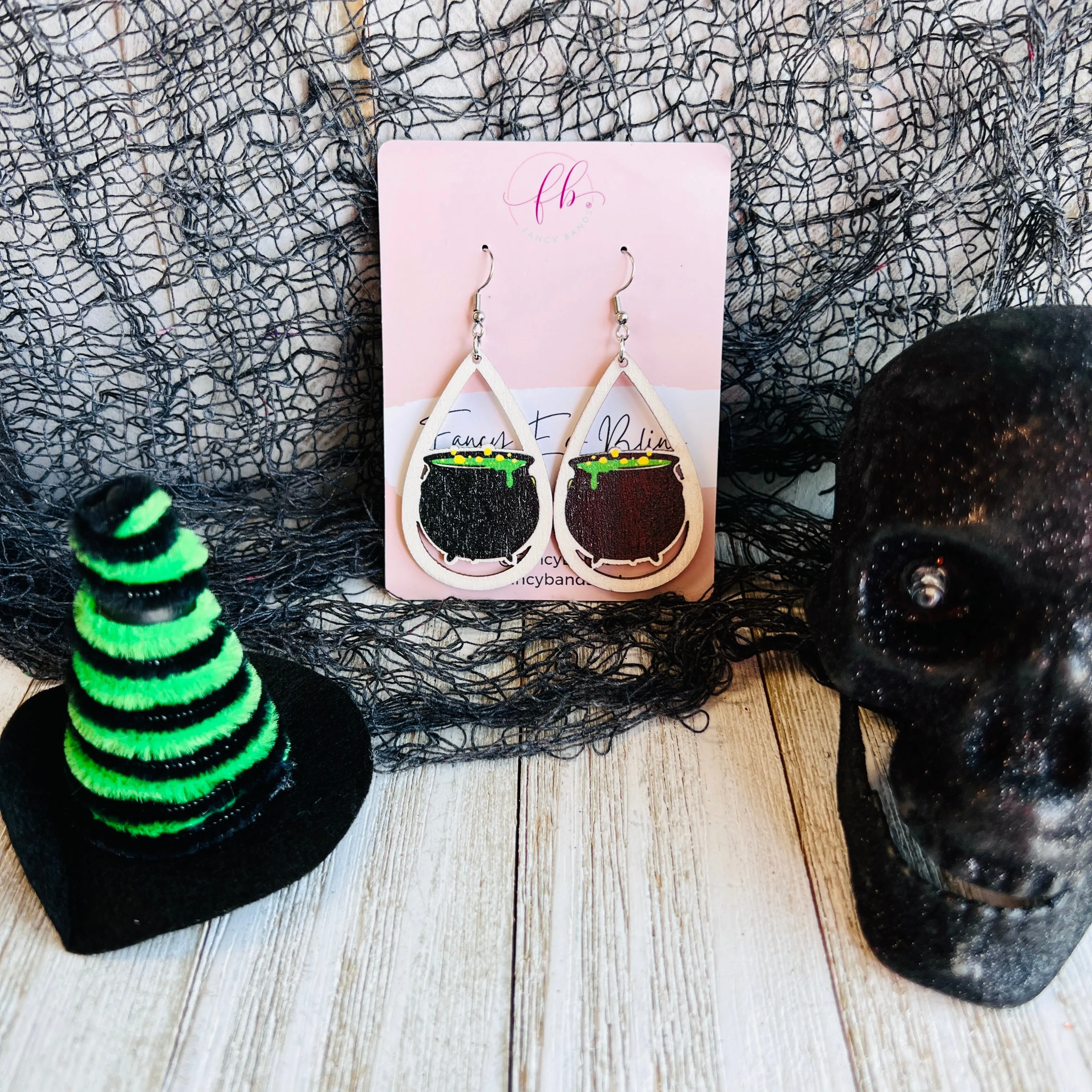 Witches Brew Cauldron Wooden Drop Ear Bling